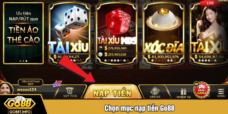 Chọn mục nạp tiền Go88